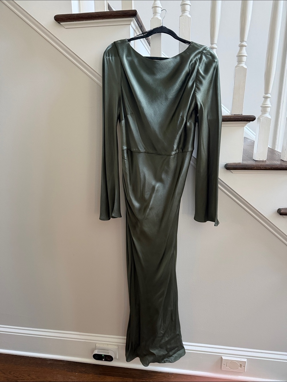 Shona Joy Olive Satin Long-Sleeve Bias-Cut Gown